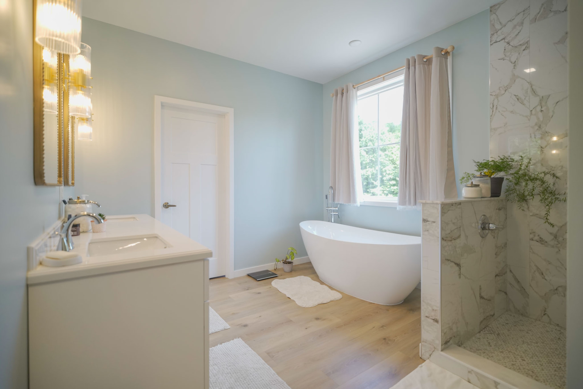 Byler Residence — primary bath with double vanity, soaking tub, and marble shower enclosure — KB Builders, Central Pennsylvania