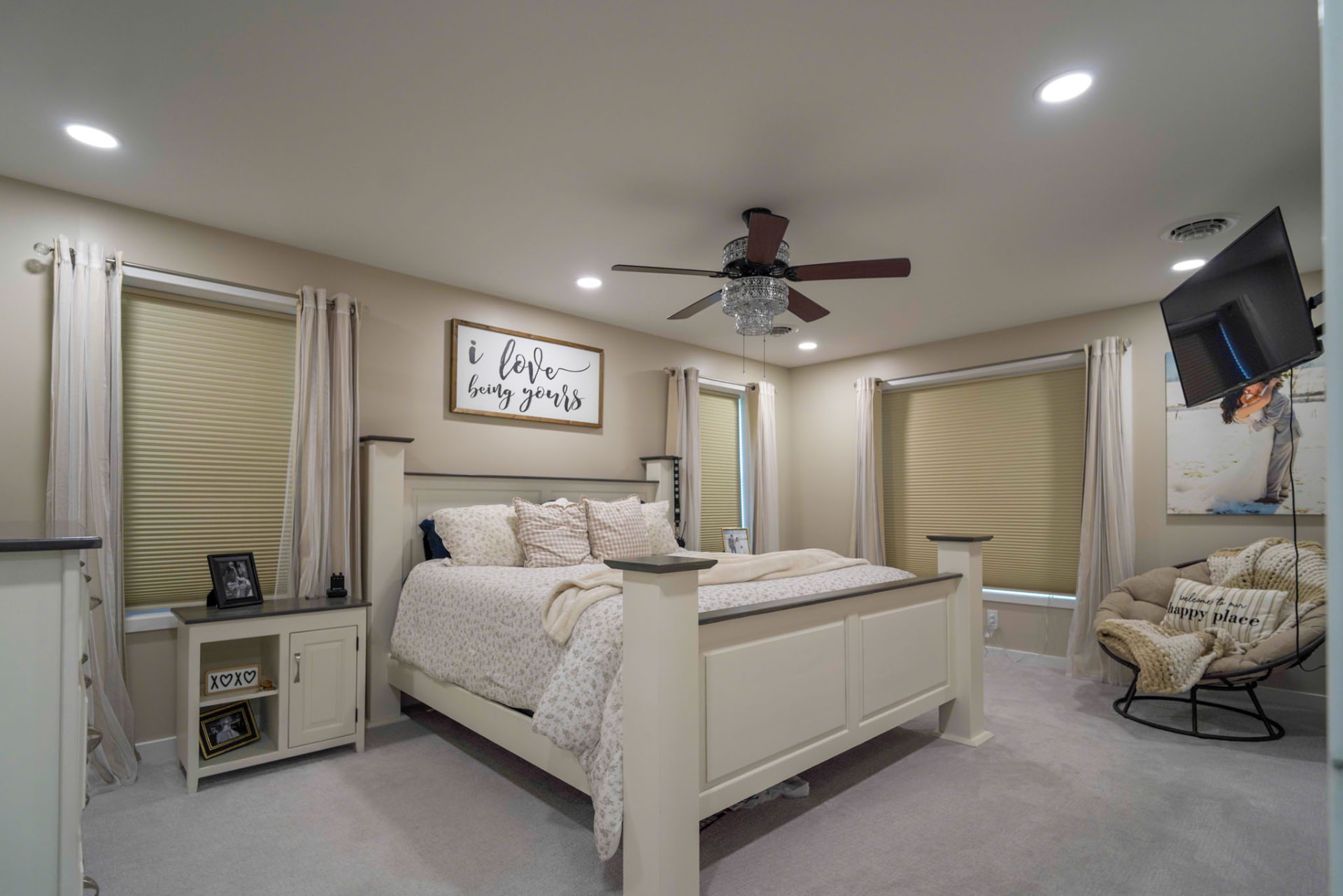 Yoder Residence — primary bedroom with tray of recessed lighting, ceiling fan, and soft neutral finishes — KB Builders, Central Pennsylvania