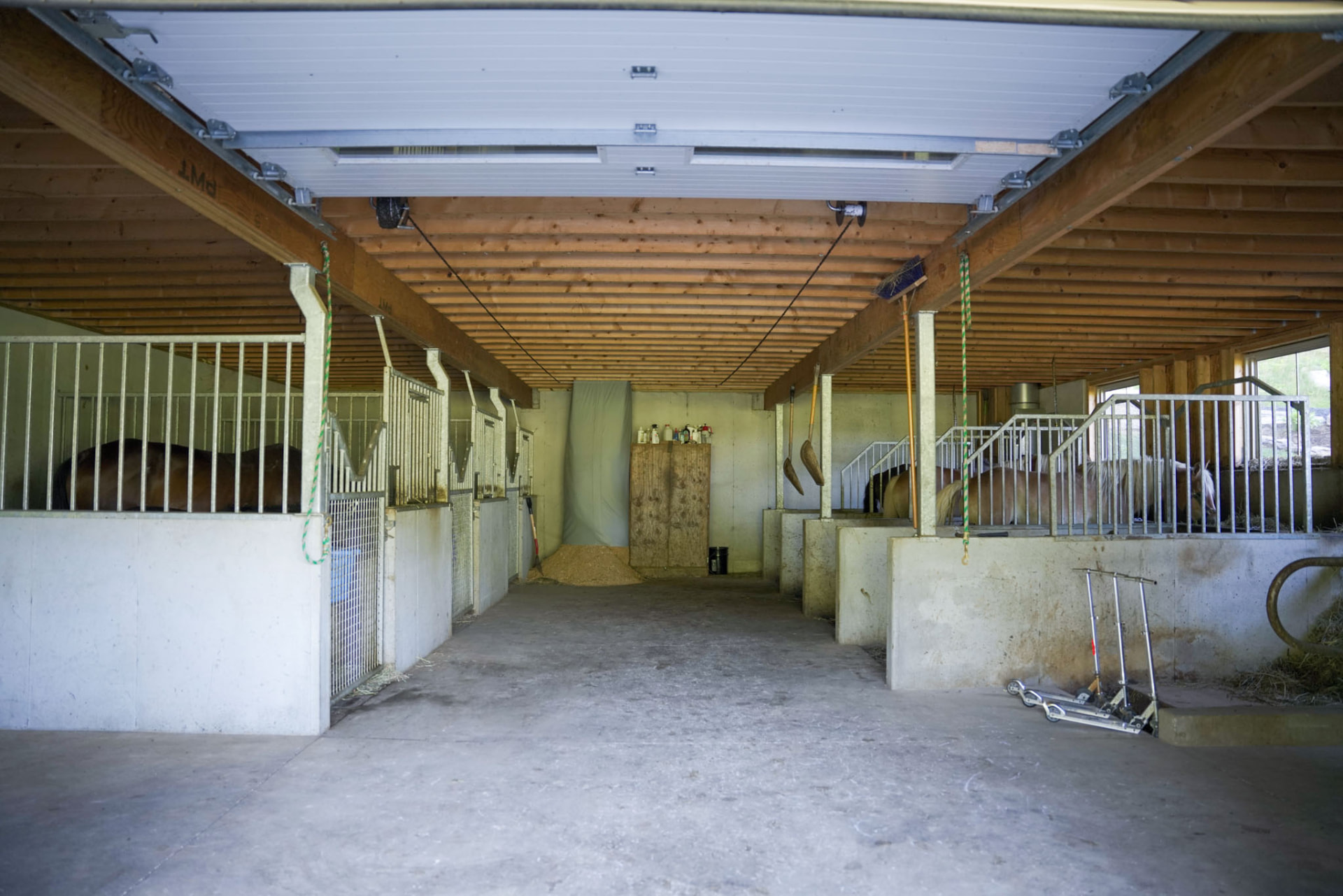 Peachy Residence — interior horse stalls with concrete walls and pine ceiling inside the barn section — KB Builders, McVeytown, PA