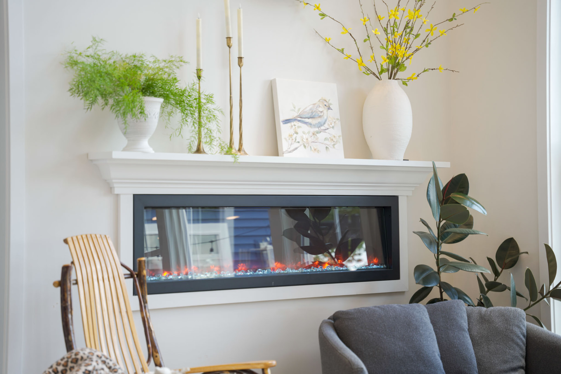 Byler Residence — linear electric fireplace with styled mantel in the living room — KB Builders, Central Pennsylvania